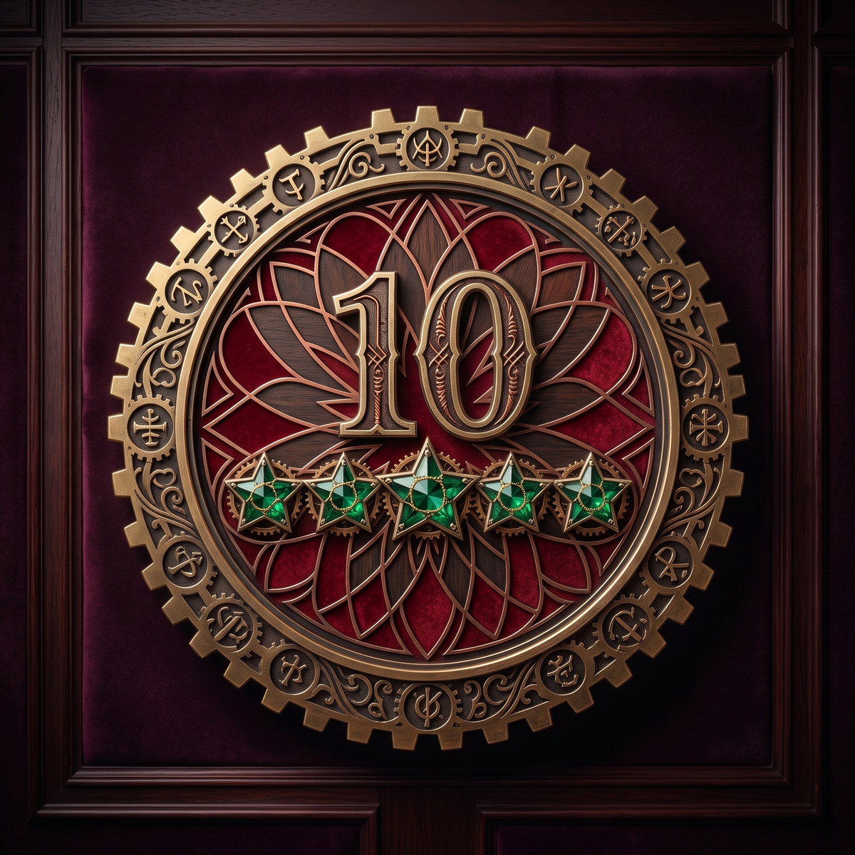 A brass medallion marked ten, with five green stars, set in dark wood