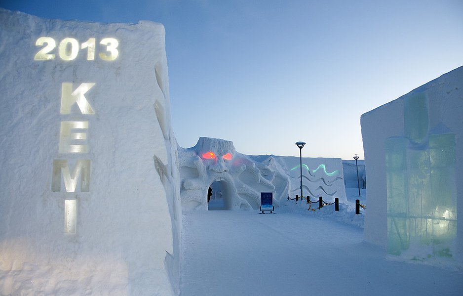 Snow walls and towers above the shoreline, SnowCastle of Kemi